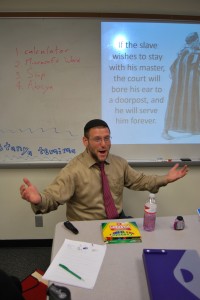 Photo by Bini Allen. Rabbi Jaffe's teaches with lots of enthusiasm to engage his students.